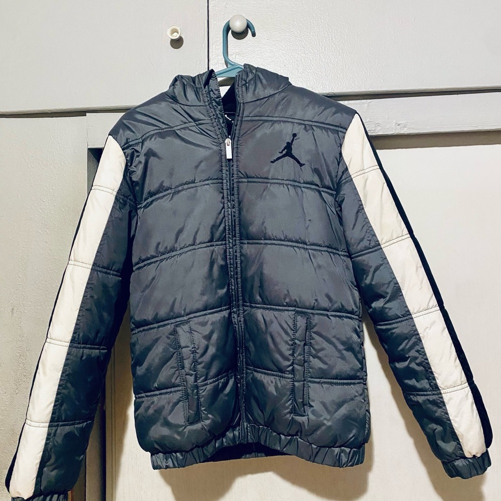 Jordan Gray and White Puffer Jacket with Hood